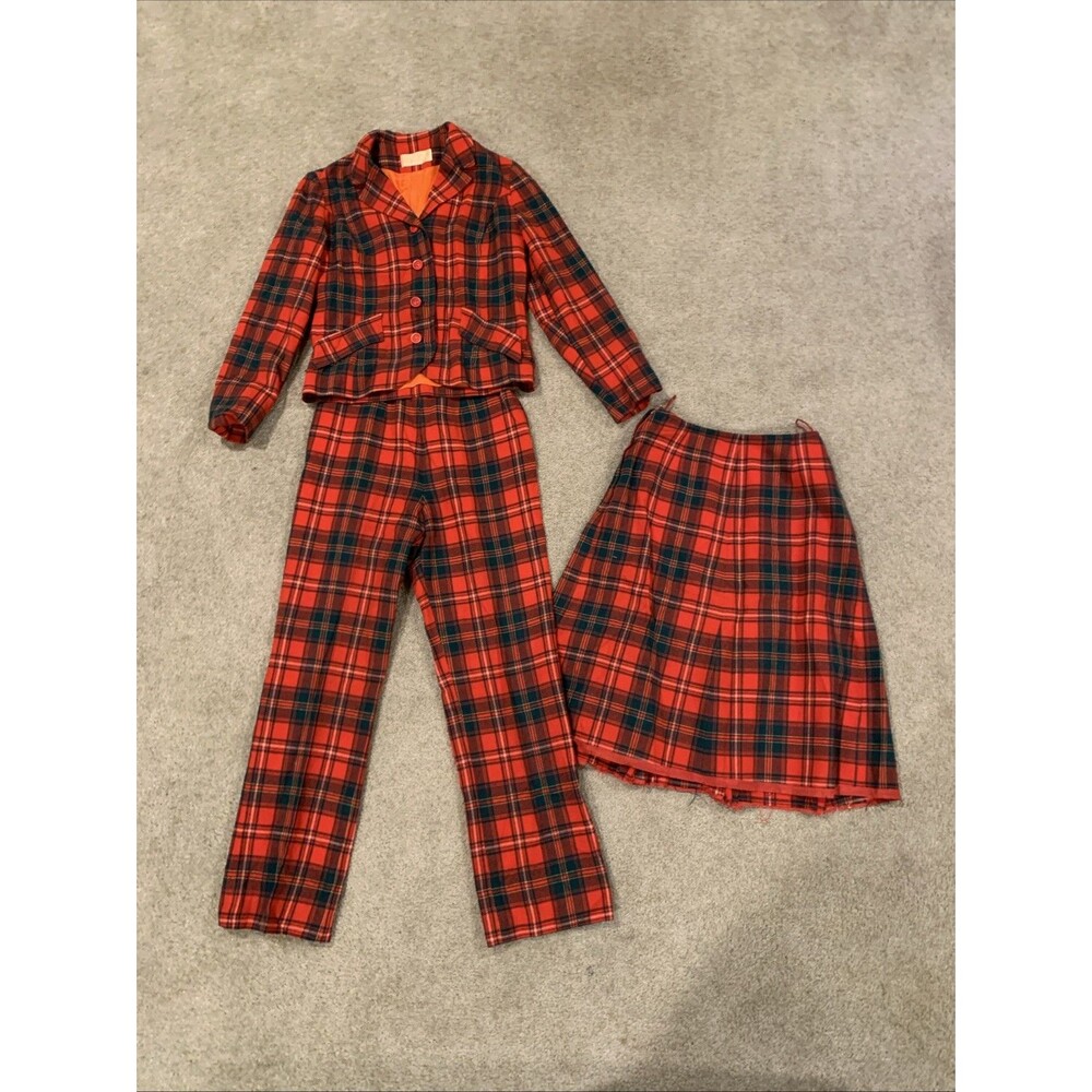 VTG Pendleton Women’s 8/10 Red Green Plaid Suit Wool Lined Blazer Pants & Skirt